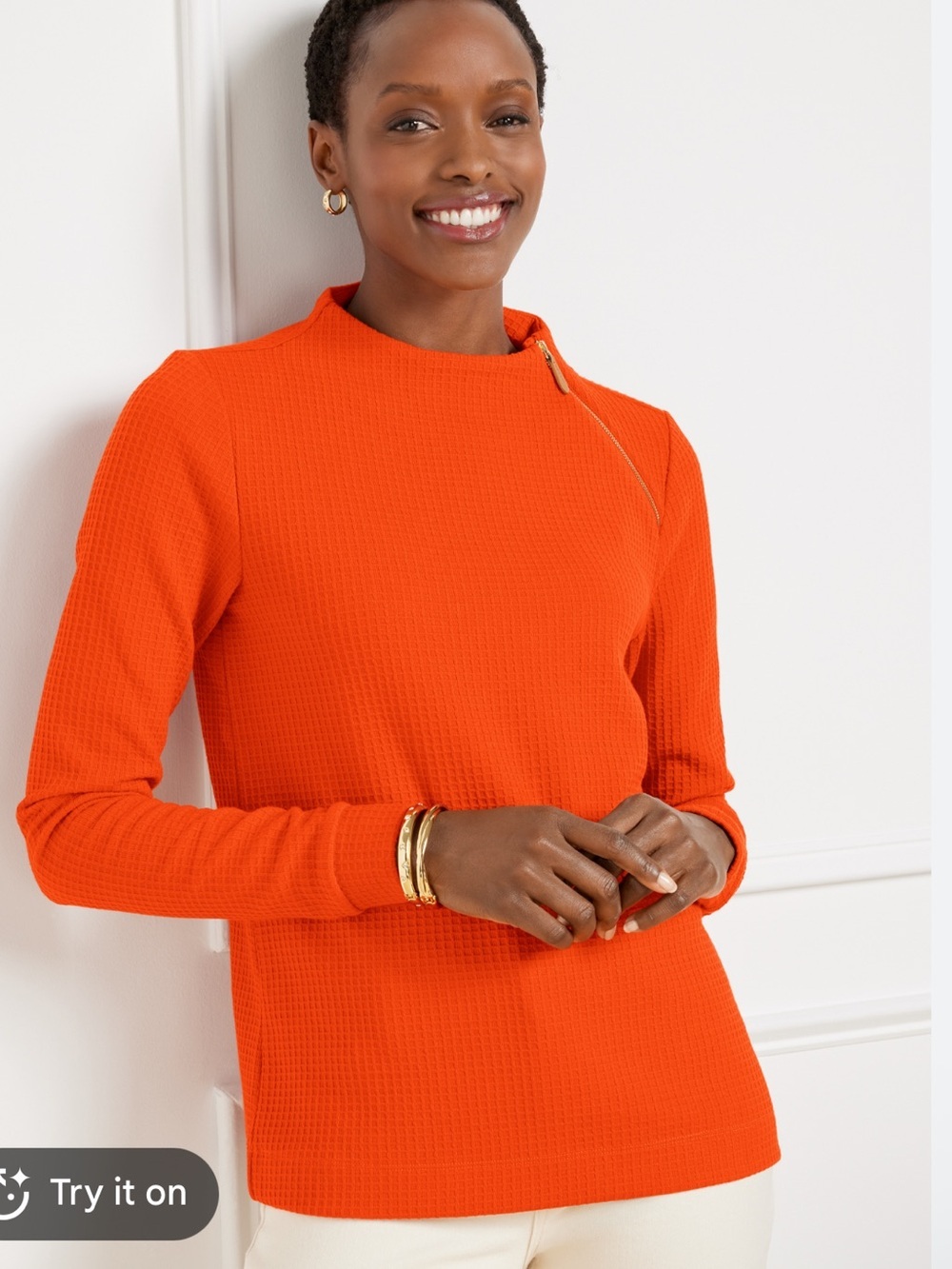 Talbots zip detail funnel neck pullover top waffle knit orange size xs
